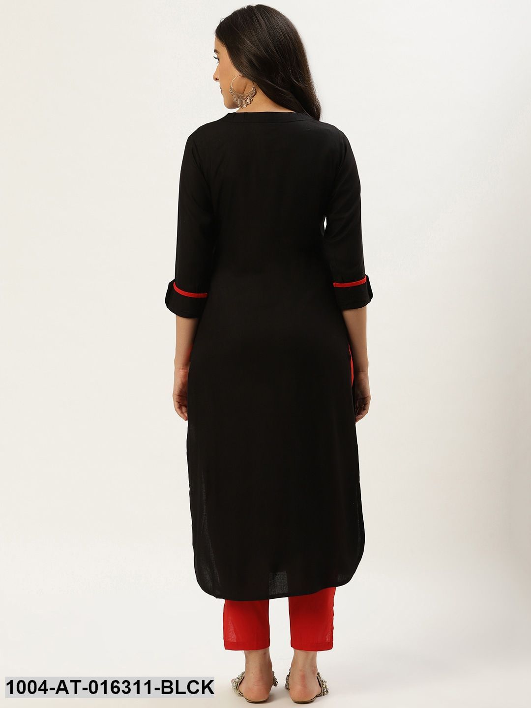 Black Three-Quarter Sleeves Straight Solid Viscose Rayon Kurta