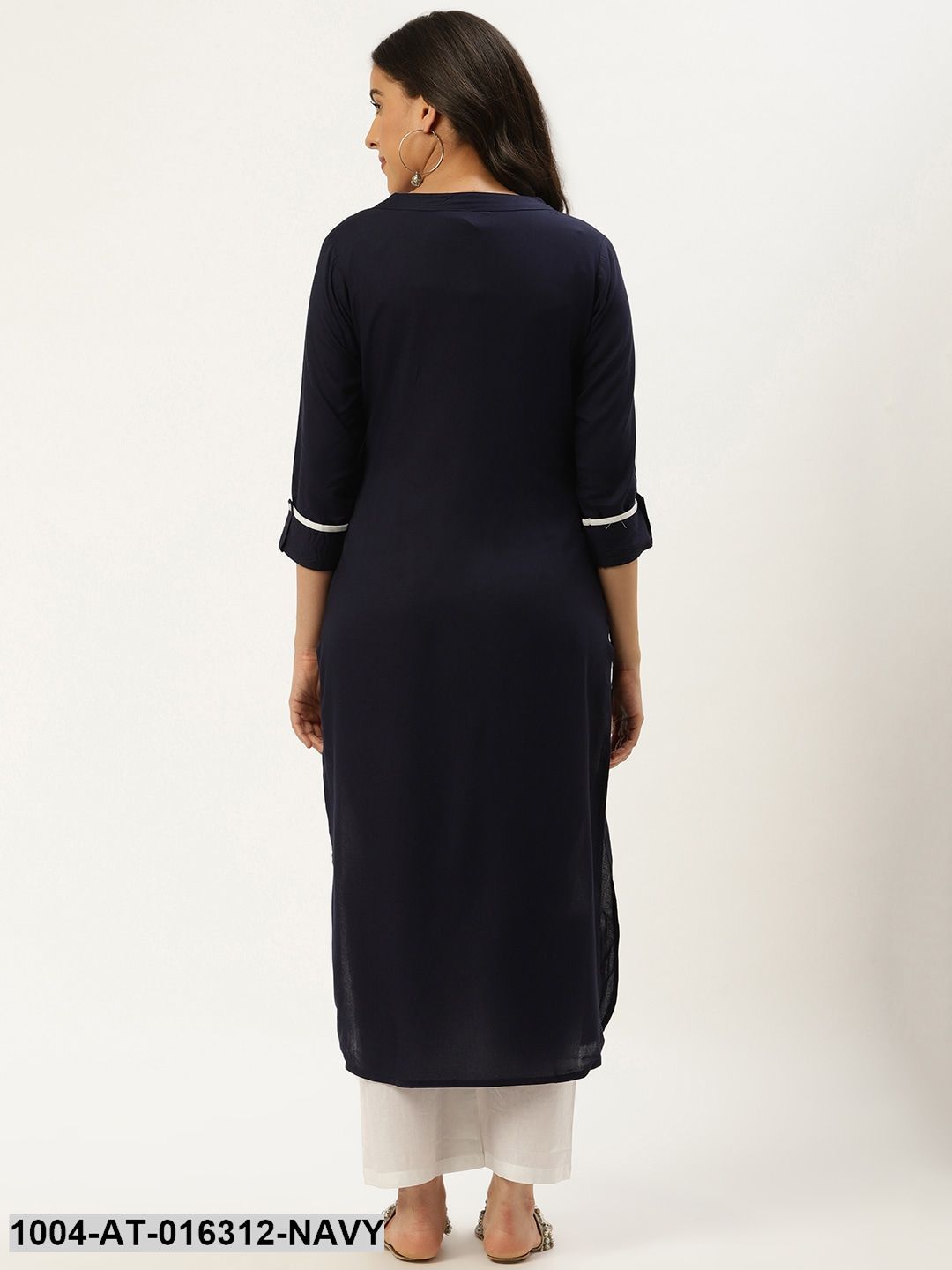 Navy Blue Three-Quarter Sleeves Straight Solid Viscose Rayon Kurta