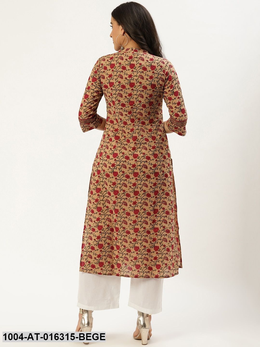Beige Three-Quarter Sleeves Straight Floral Cotton Kurta