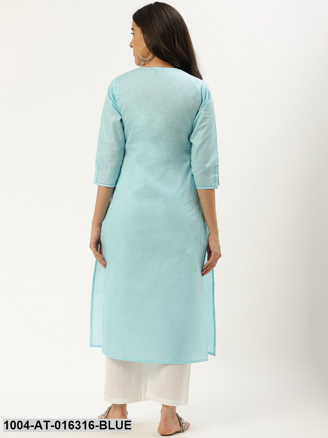 Light Blue Three-Quarter Sleeves Straight Solid Cotton Kurta