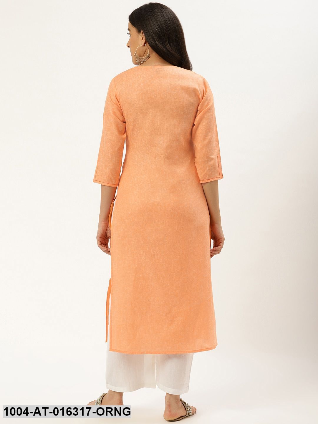 Orange Three-Quarter Sleeves Straight Solid Cotton Kurta
