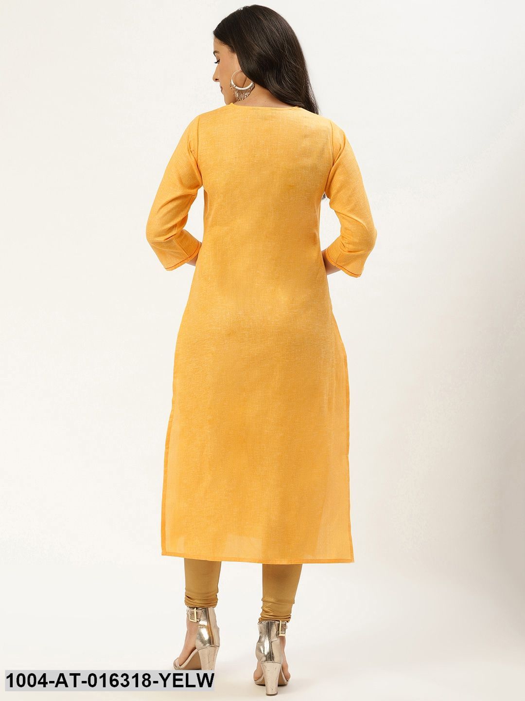 Yellow Three-Quarter Sleeves Straight Solid Cotton Kurta