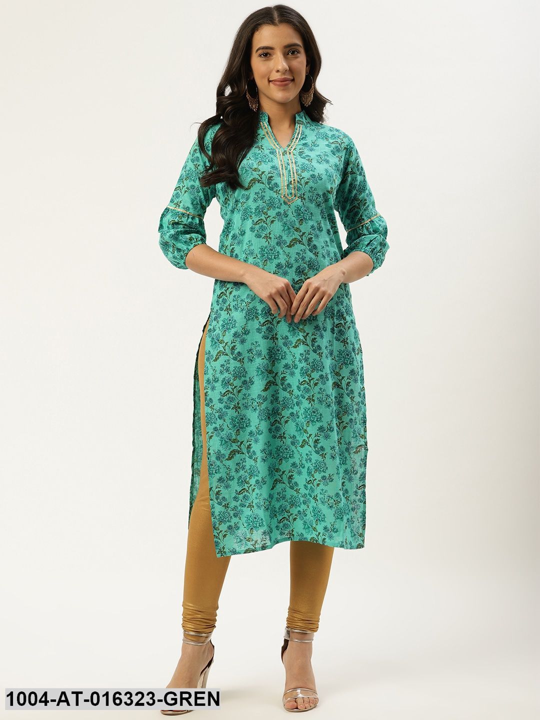 Green Three-Quarter Sleeves Straight Floral Cotton Kurta