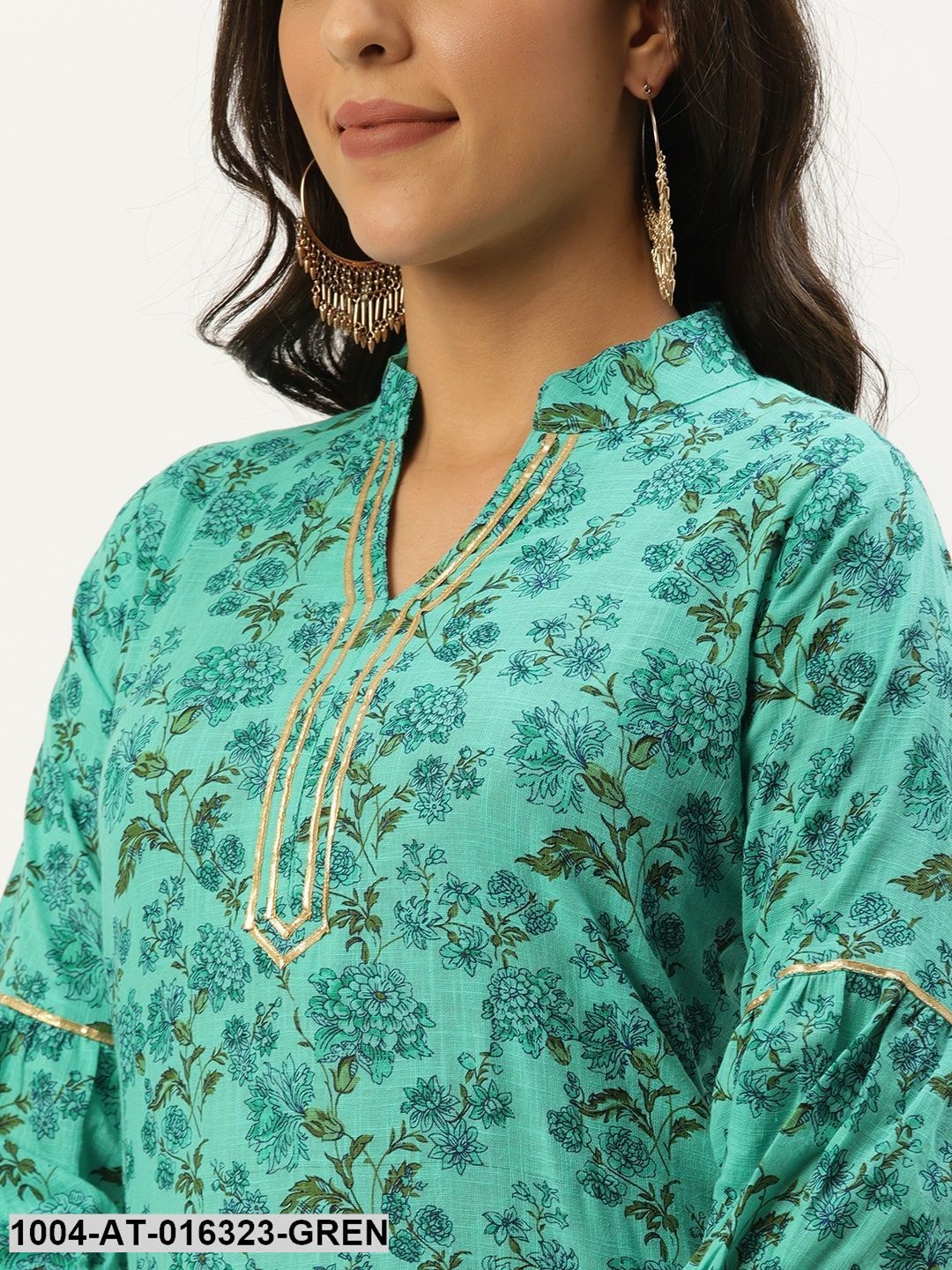 Green Three-Quarter Sleeves Straight Floral Cotton Kurta