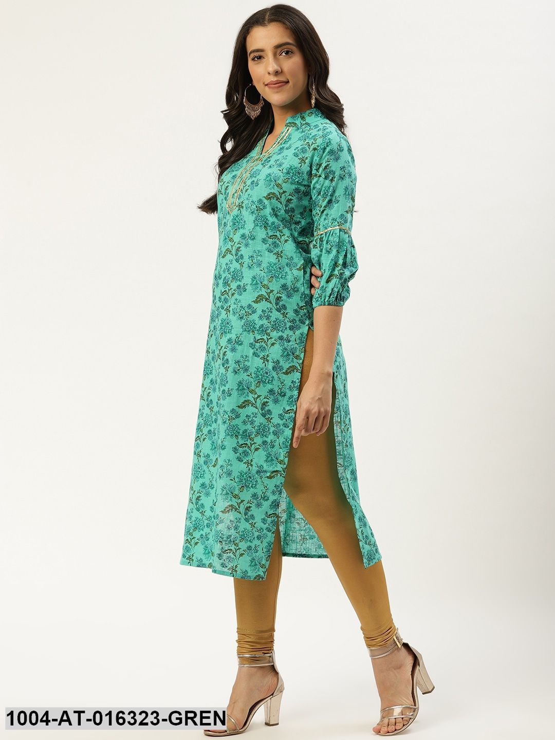 Green Three-Quarter Sleeves Straight Floral Cotton Kurta