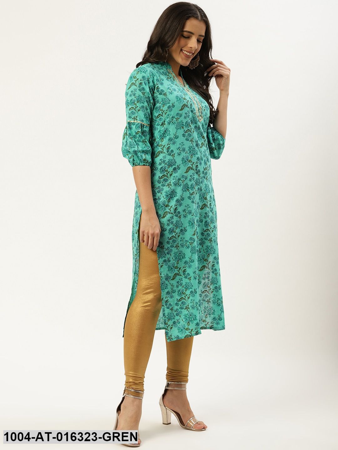 Green Three-Quarter Sleeves Straight Floral Cotton Kurta