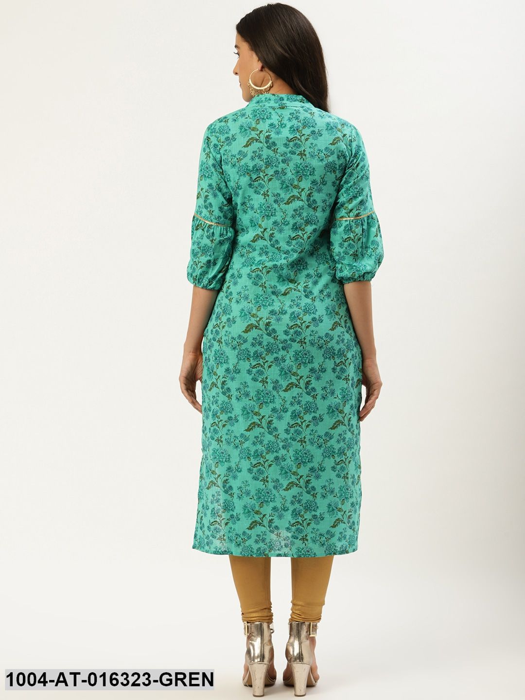 Green Three-Quarter Sleeves Straight Floral Cotton Kurta
