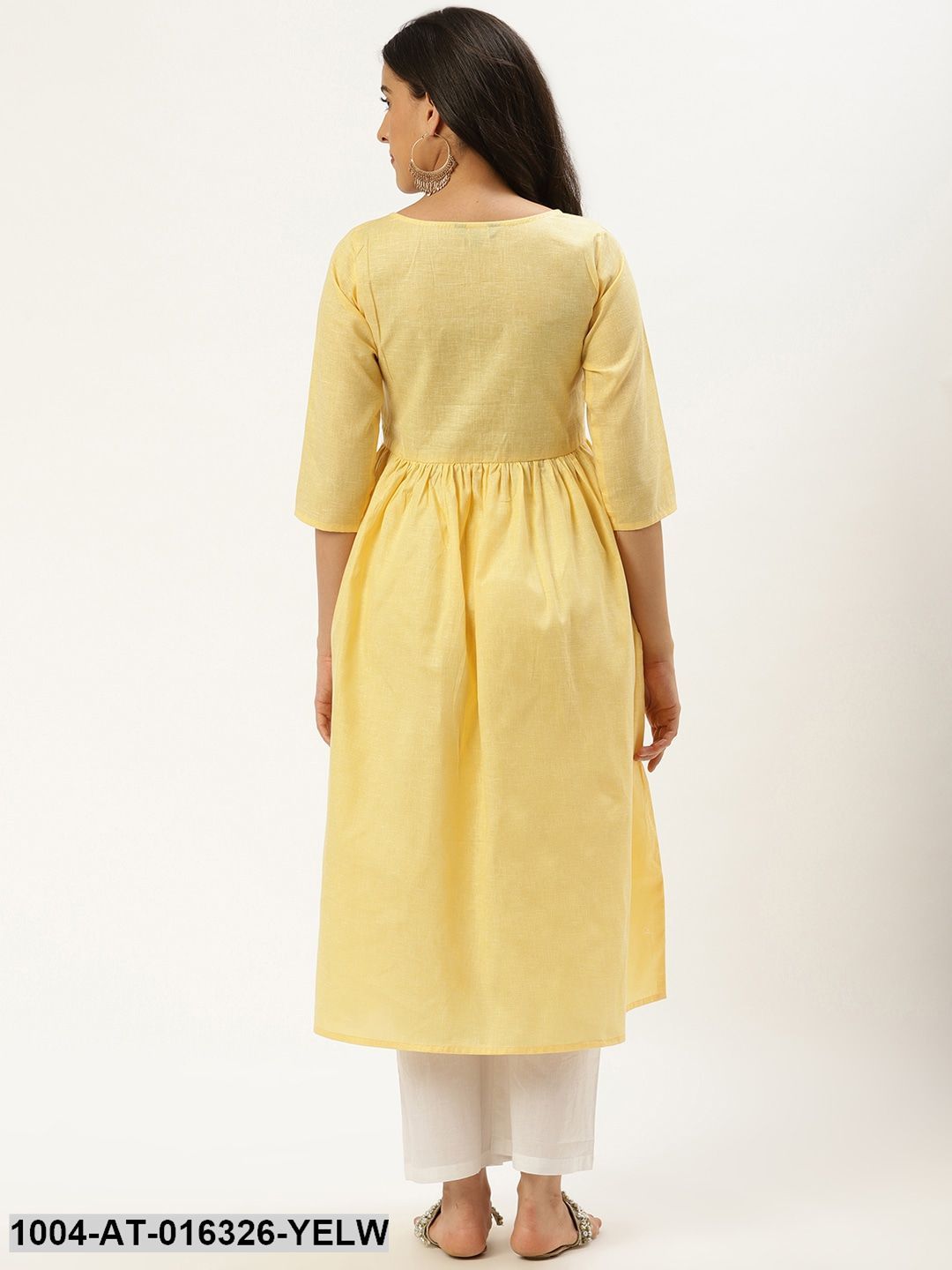 Pale Yellow Three-Quarter Sleeves A-Line Solid Cotton Kurta