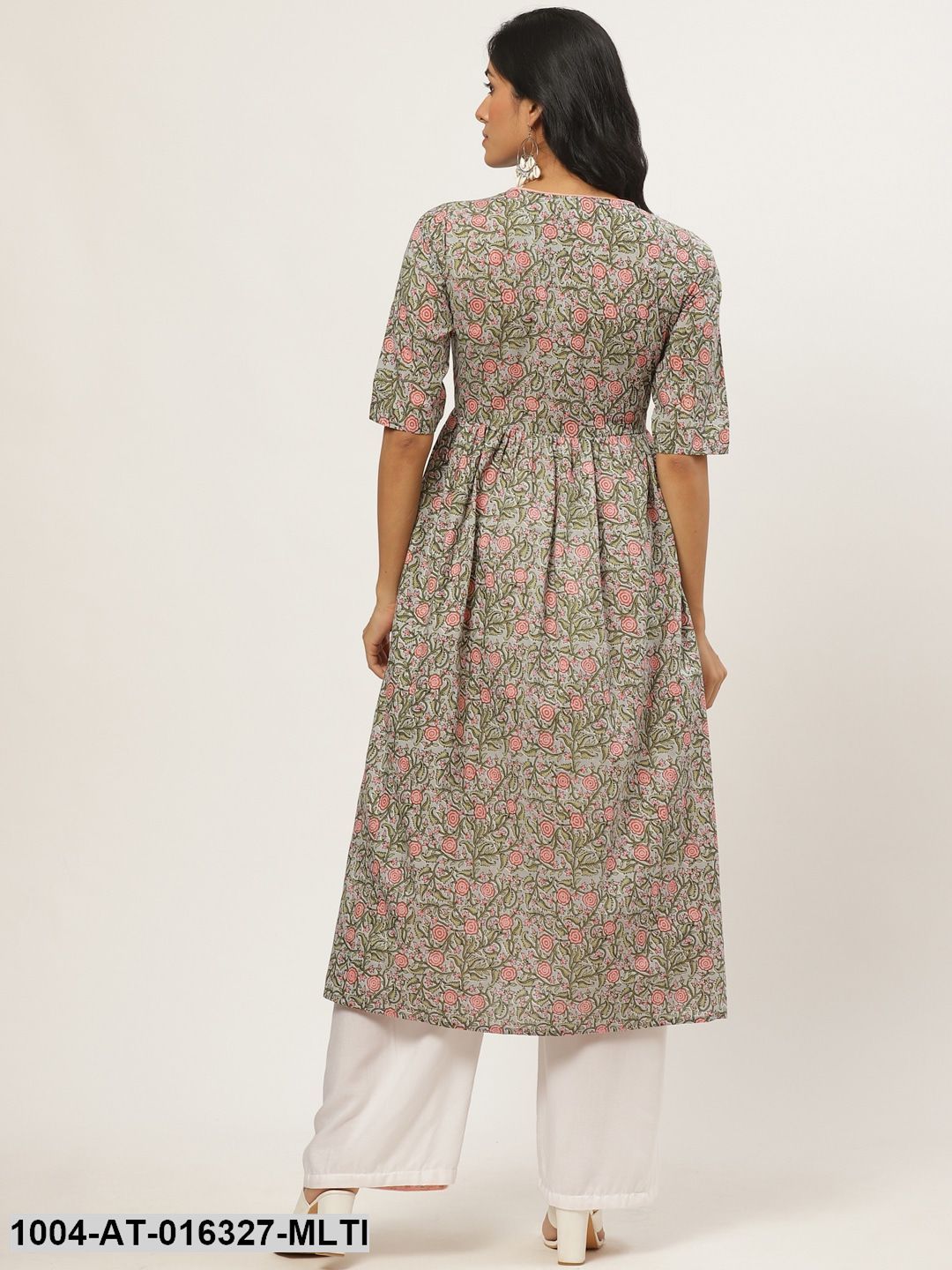 Multi Three-Quarter Sleeves A-Line Floral Printed Cotton Kurta