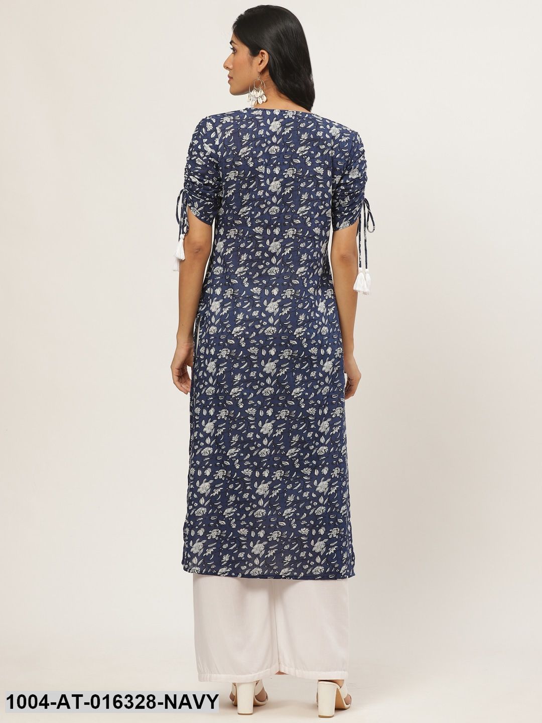 Navy Blue Three-Quarter Sleeves Straight Floral Printed Cotton Kurta