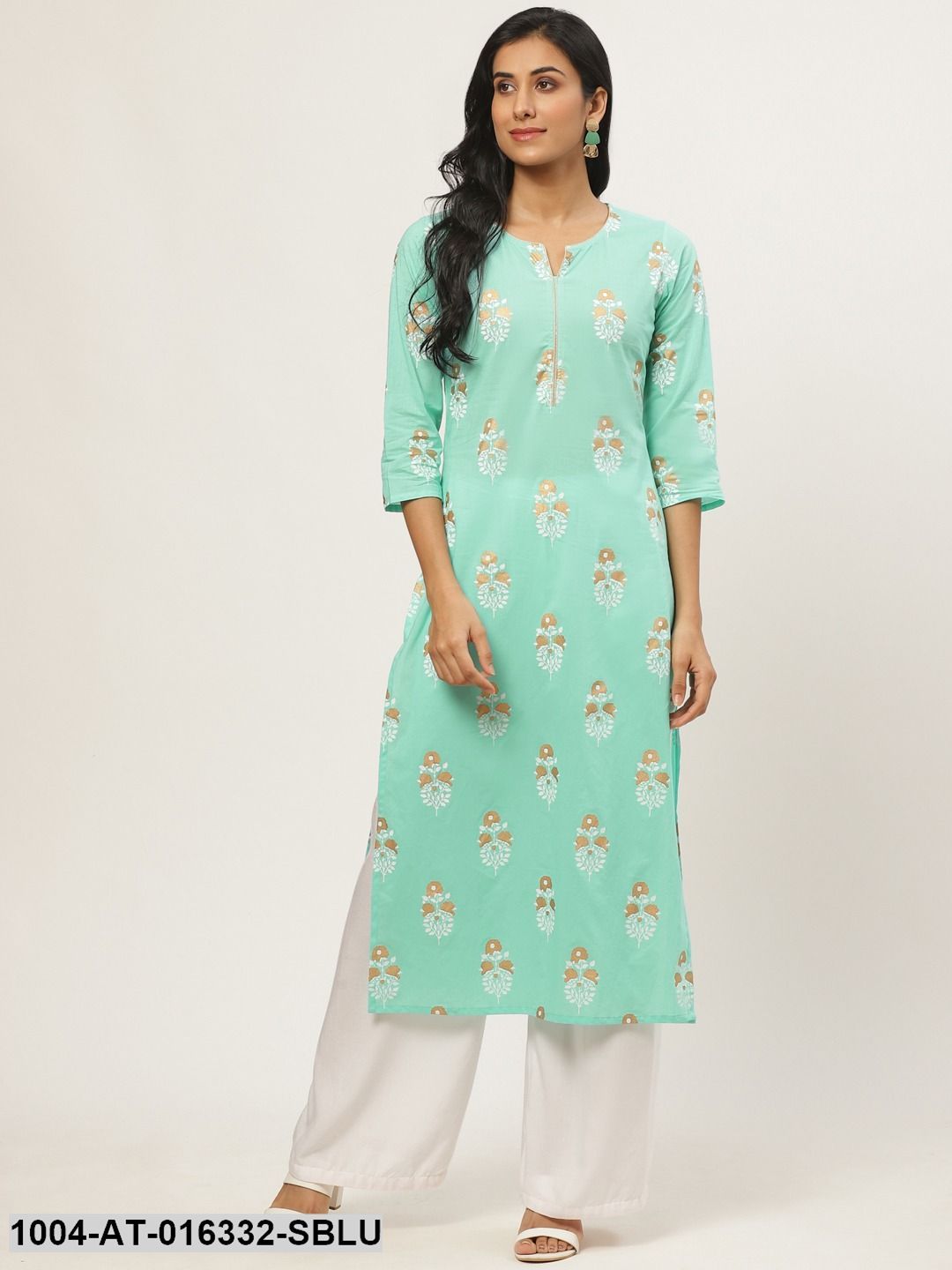 Skyblue Three-Quarter Sleeves Straight Floral Printed Cotton Kurta