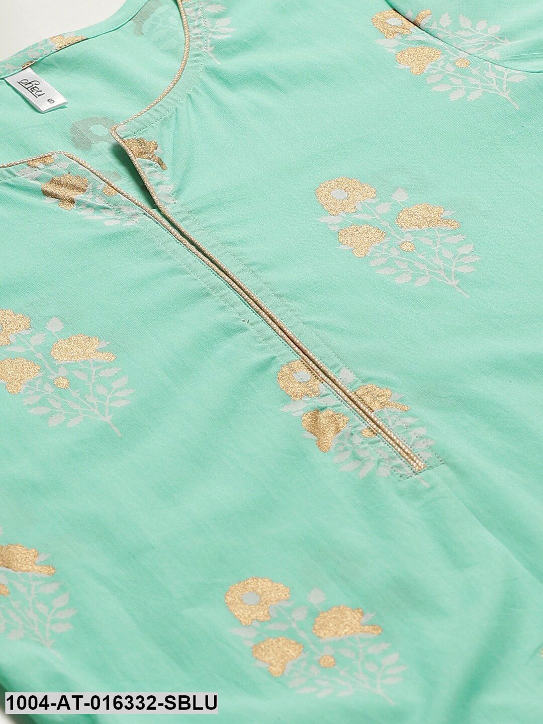 Skyblue Three-Quarter Sleeves Straight Floral Printed Cotton Kurta