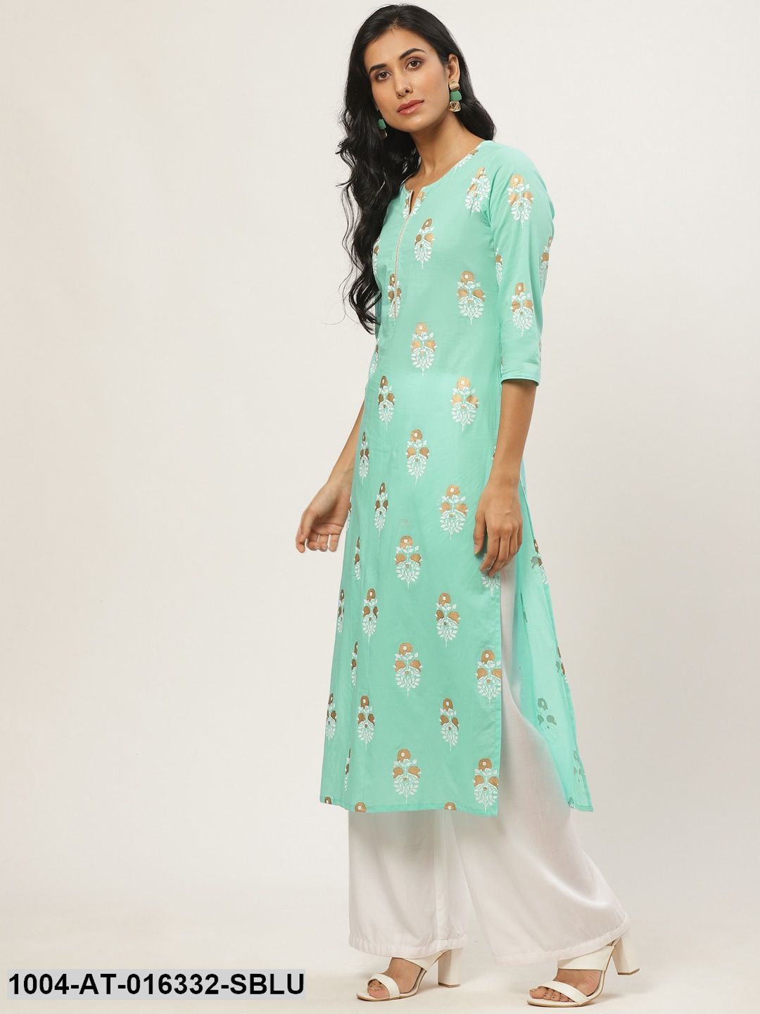 Skyblue Three-Quarter Sleeves Straight Floral Printed Cotton Kurta