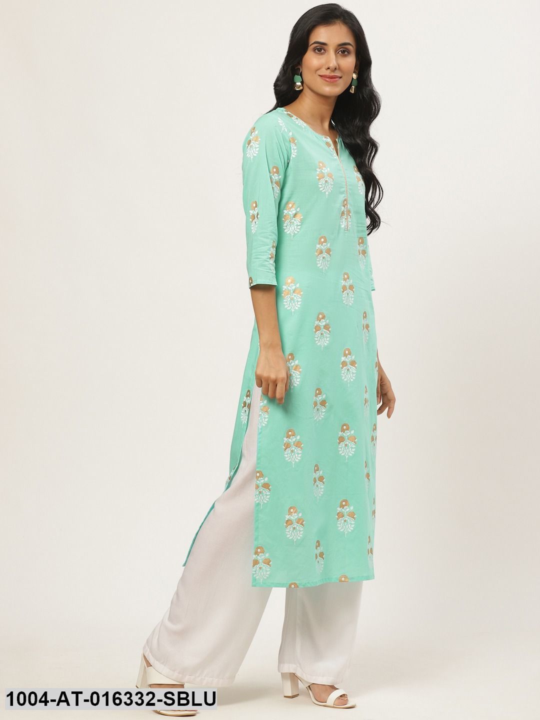 Skyblue Three-Quarter Sleeves Straight Floral Printed Cotton Kurta