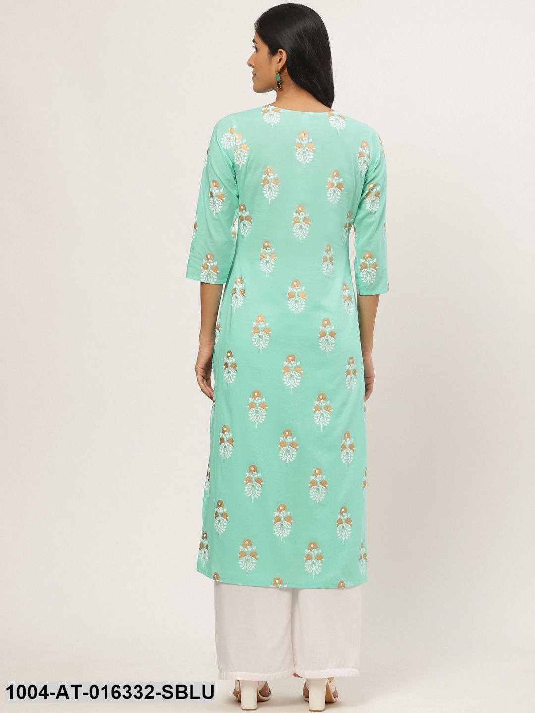 Skyblue Three-Quarter Sleeves Straight Floral Printed Cotton Kurta