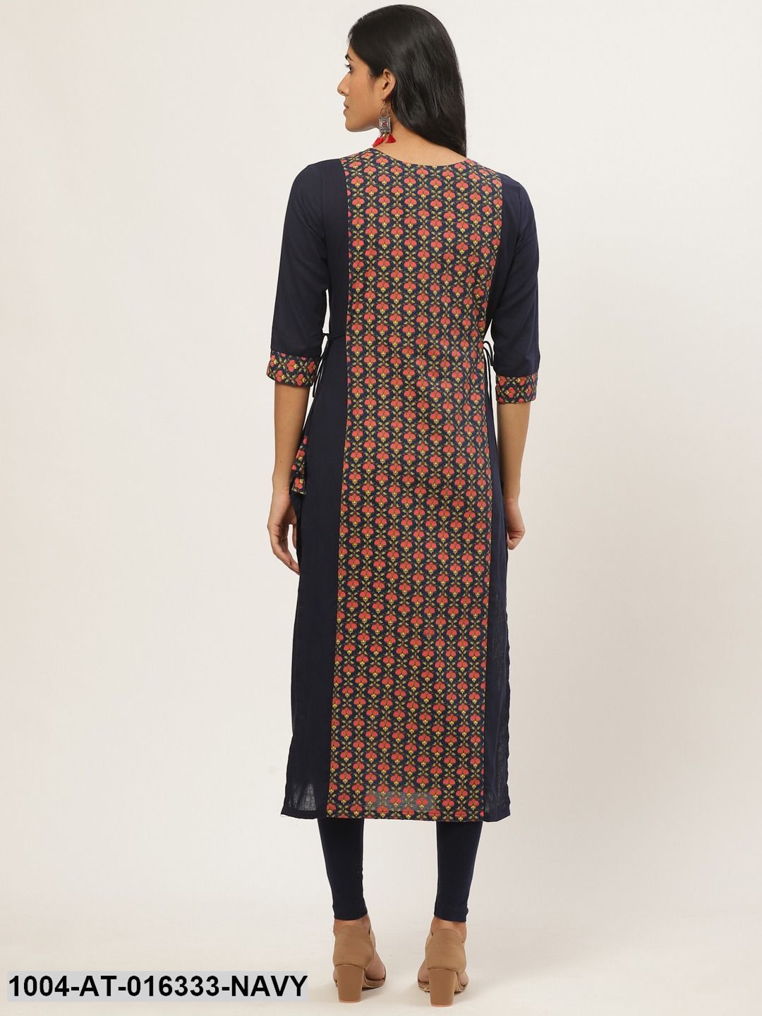 Navy Blue Three-Quarter Sleeves Straight Floral Printed Cotton Kurta