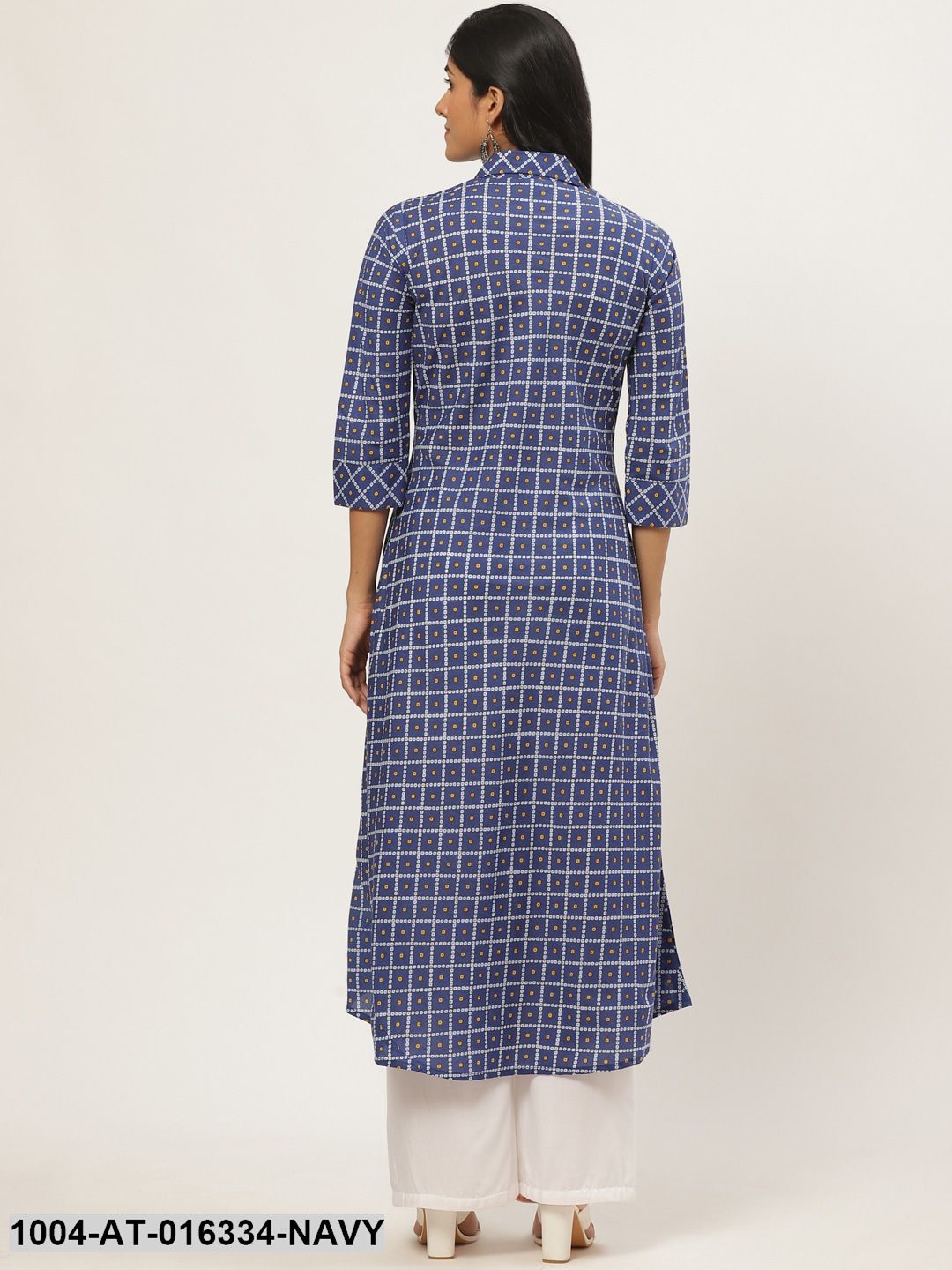 Navy Blue Three-Quarter Sleeves A-Line Bandhani Printed Cotton Kurta