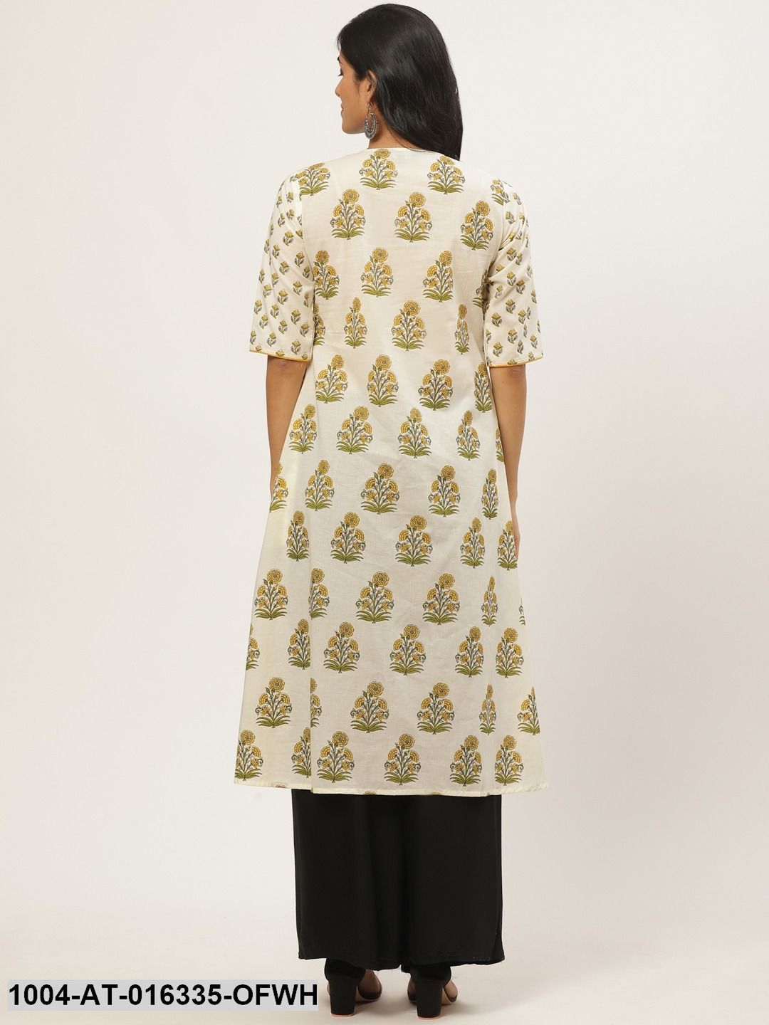 Off white Three-Quarter Sleeves A-Line Floral Yoke Design Cotton Kurta