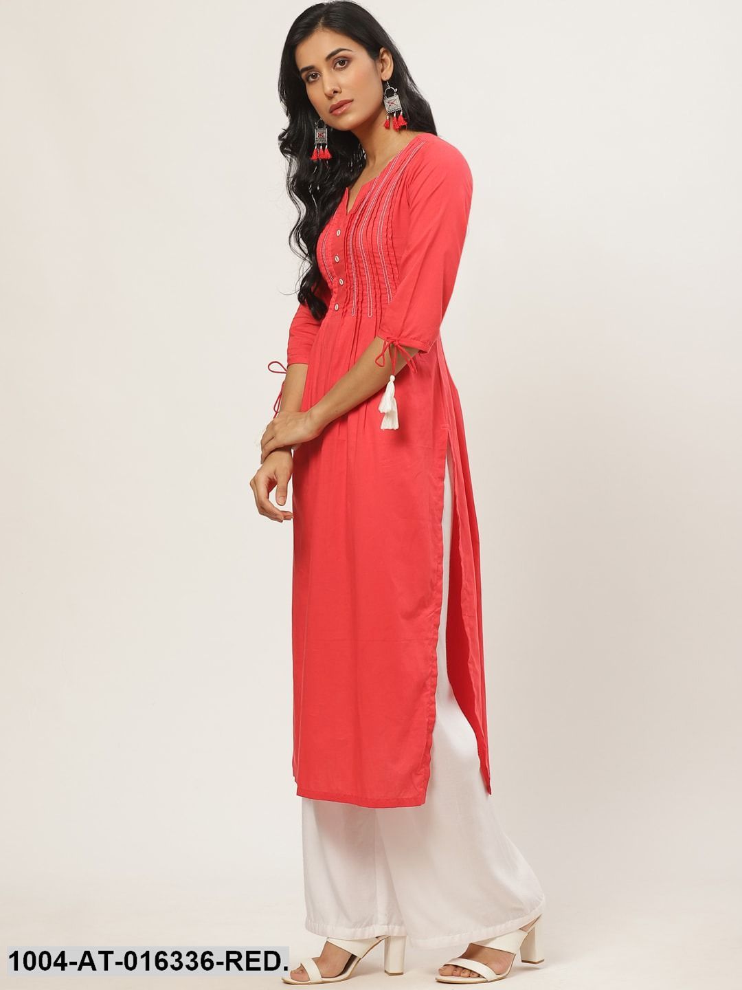 Red Three-Quarter Sleeves A-Line Solid Yoke Design Cotton Kurta