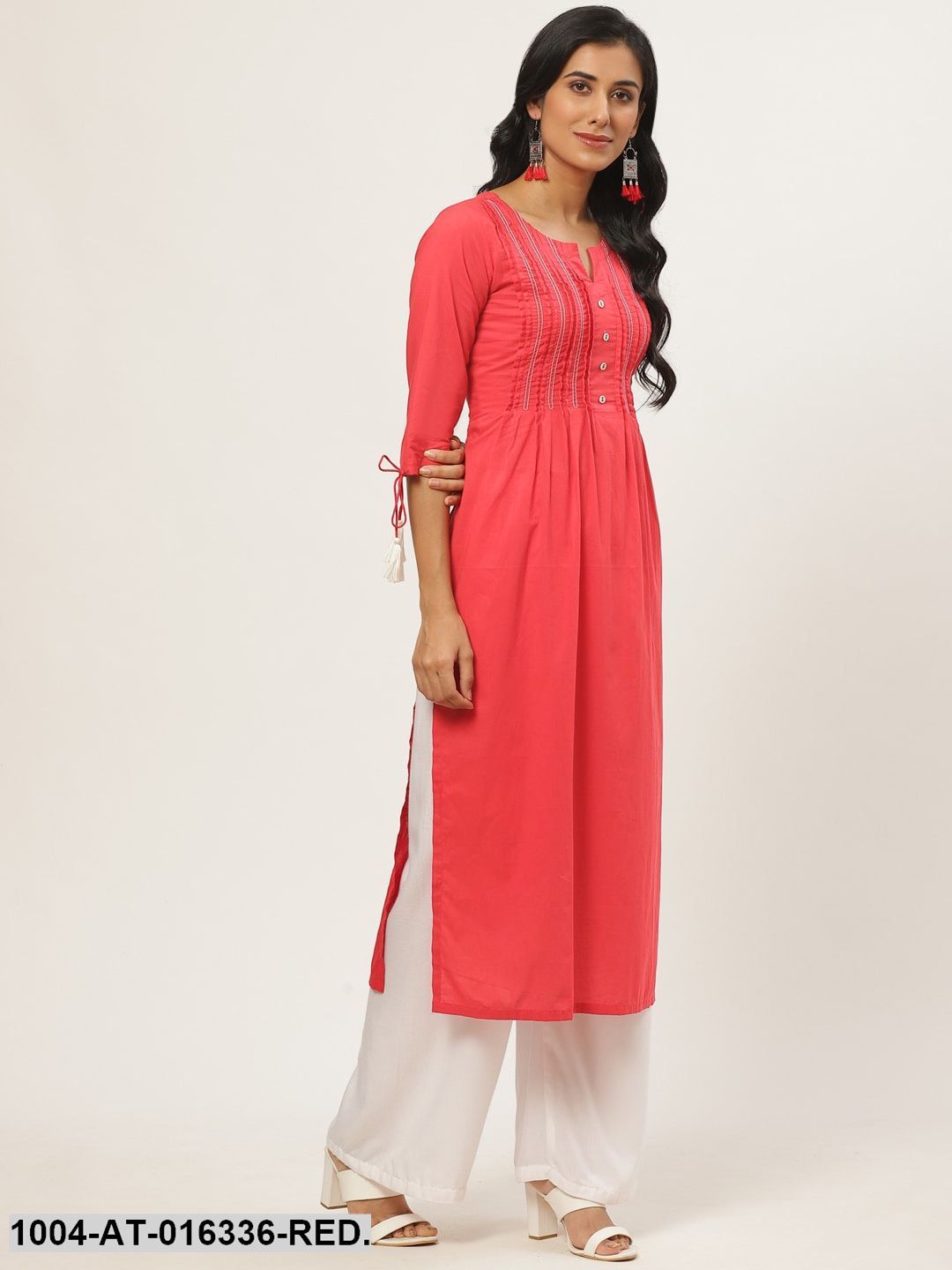 Red Three-Quarter Sleeves A-Line Solid Yoke Design Cotton Kurta