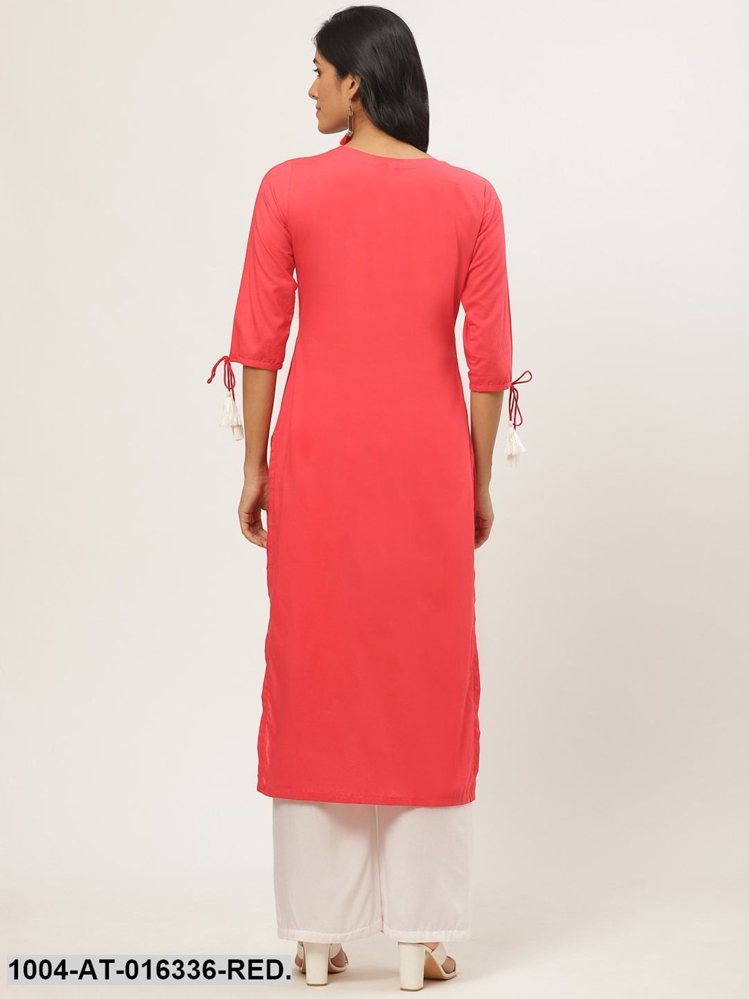 Red Three-Quarter Sleeves A-Line Solid Yoke Design Cotton Kurta
