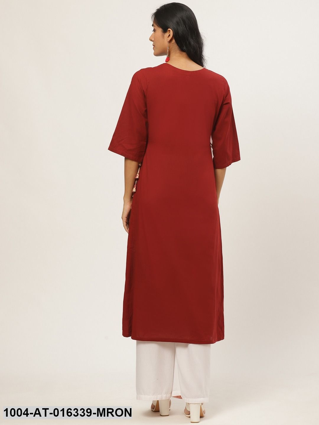 Maroon Three-Quarter Sleeves A-Line Solid Yoke Design Cotton Kurta