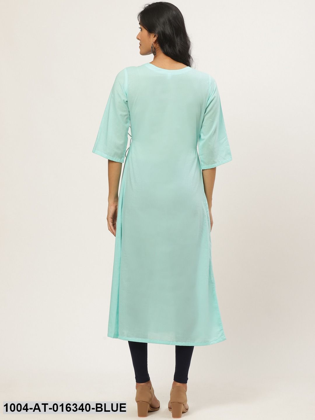 Blue Three-Quarter Sleeves A-Line Solid Solid Cotton Kurta