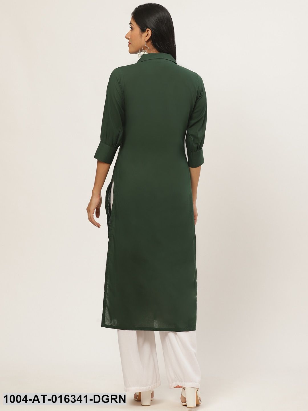 Dark Green Three-Quarter Sleeves Straight Solid Solid Cotton Kurta