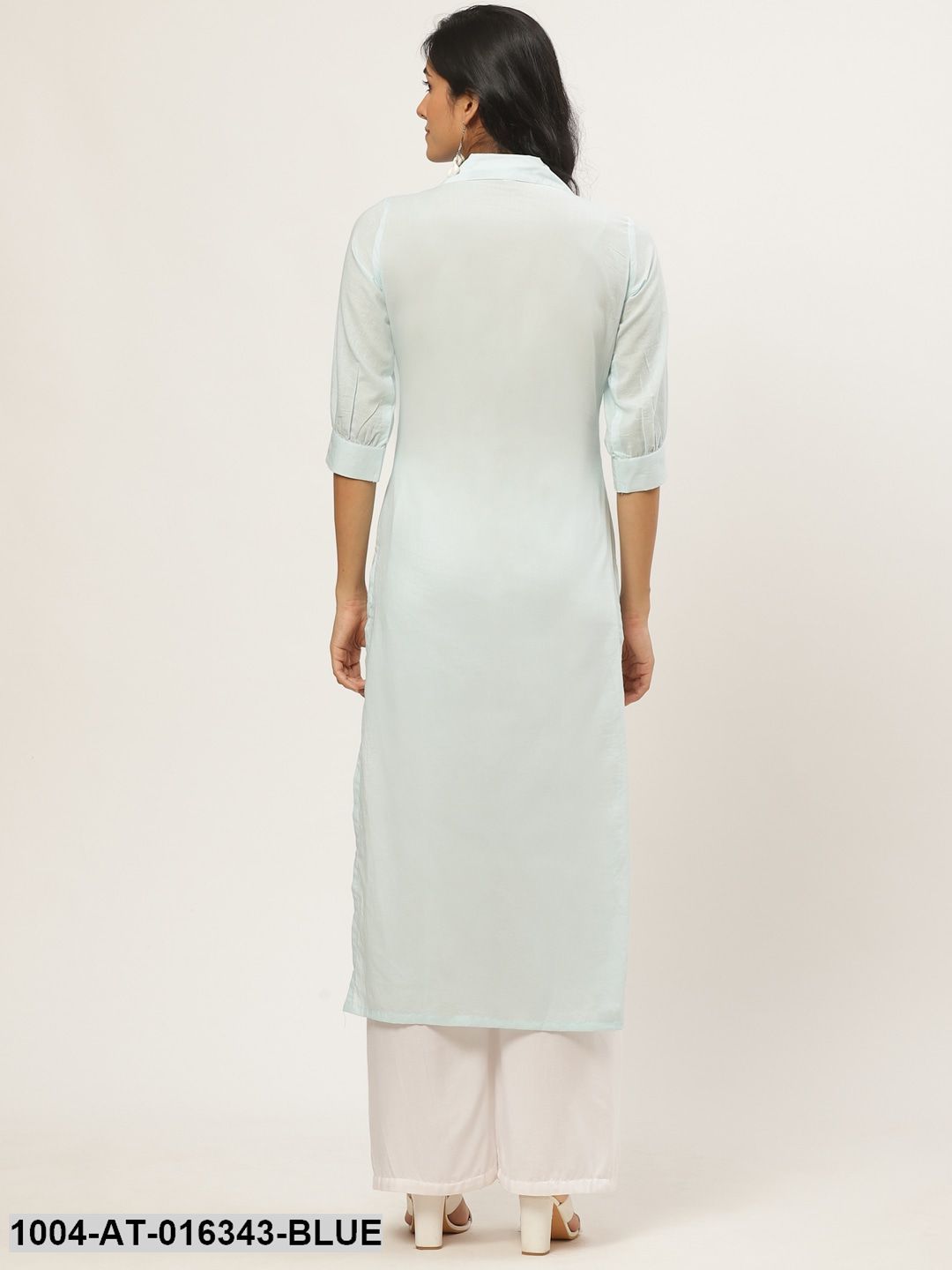 Blue Three-Quarter Sleeves Straight Solid Solid Cotton Kurta