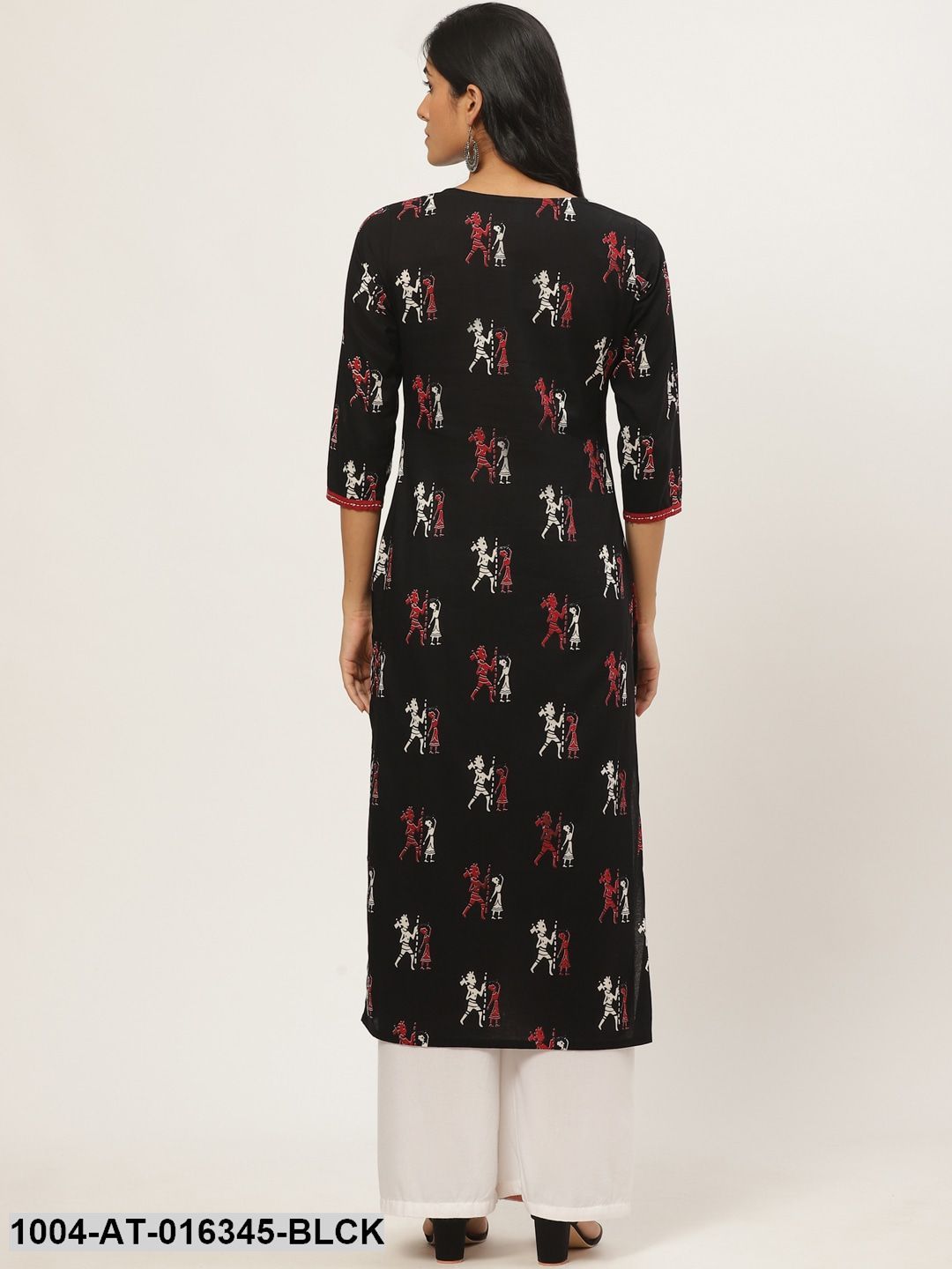 Black Three-Quarter Sleeves Straight Quirky Printed Cotton Kurta