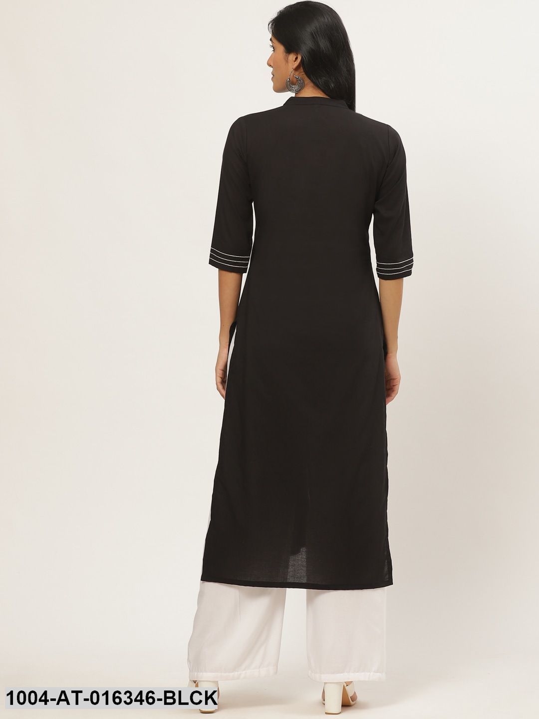 Black Three-Quarter Sleeves Straight Solid Yoke Design Cotton Kurta