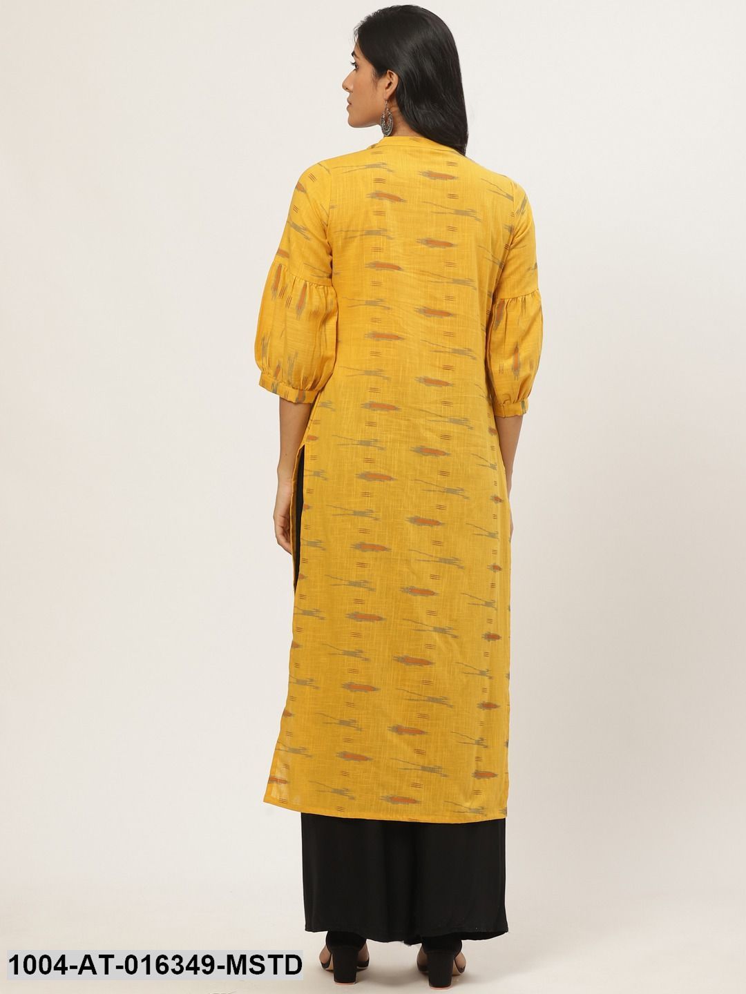 Mustard Three-Quarter Sleeves Straight Abstract Yoke Design Cotton Kurta