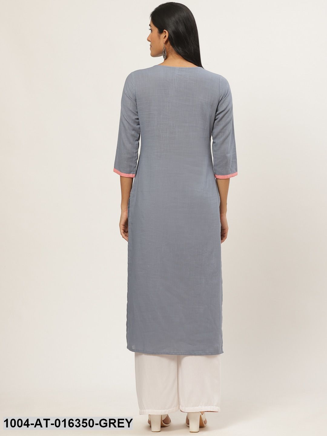 Grey Three-Quarter Sleeves Straight Solid Yoke Design Cotton Kurta