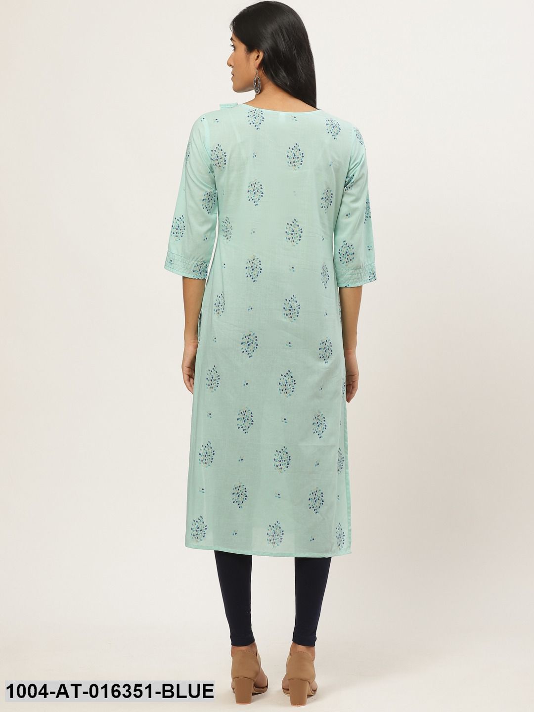 Powder Blue Three-Quarter Sleeves Straight Floral Yoke Design Cotton Kurta