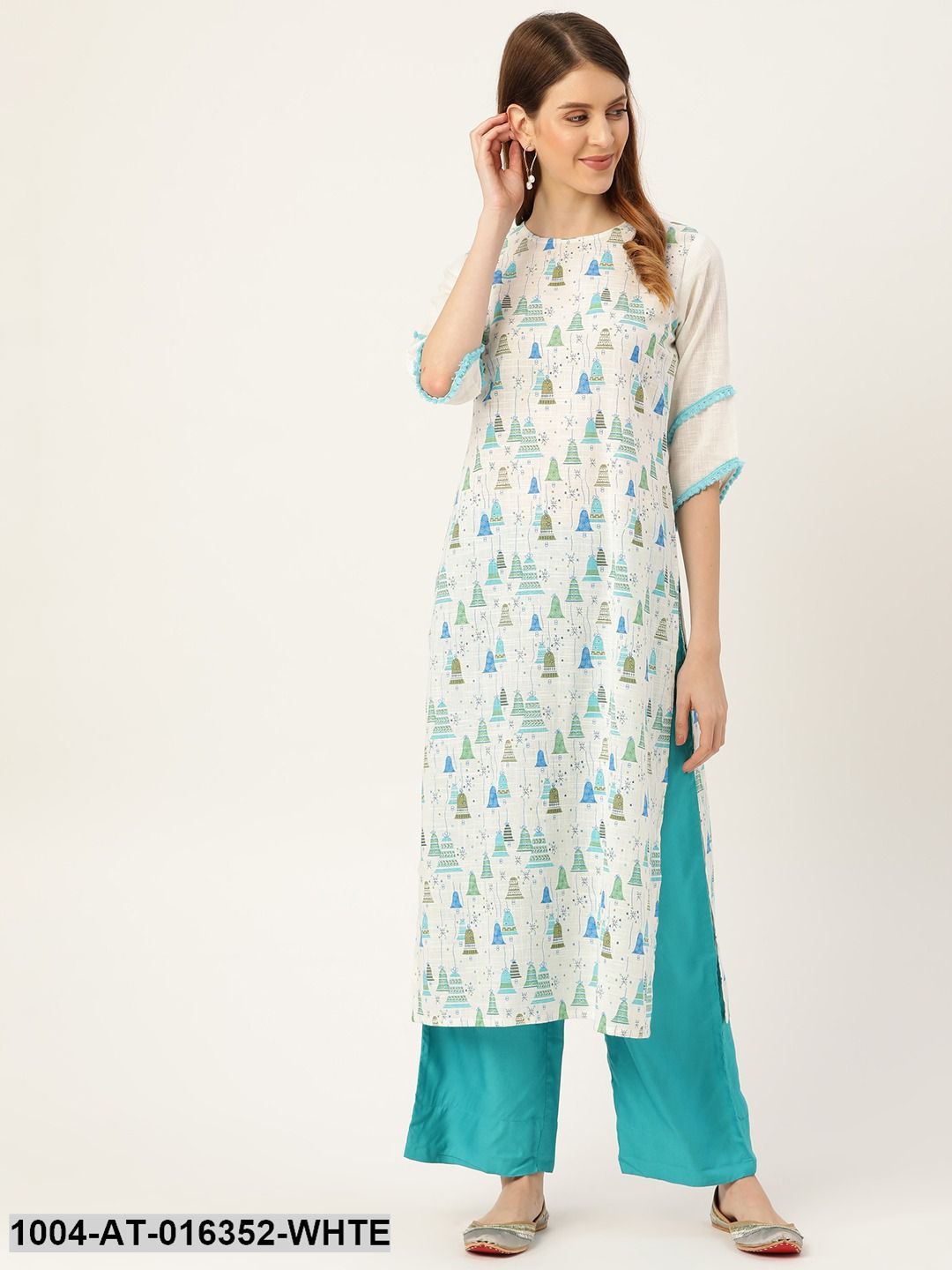 White Three-Quarter Sleeves Straight Quirky Printed Cotton Kurta