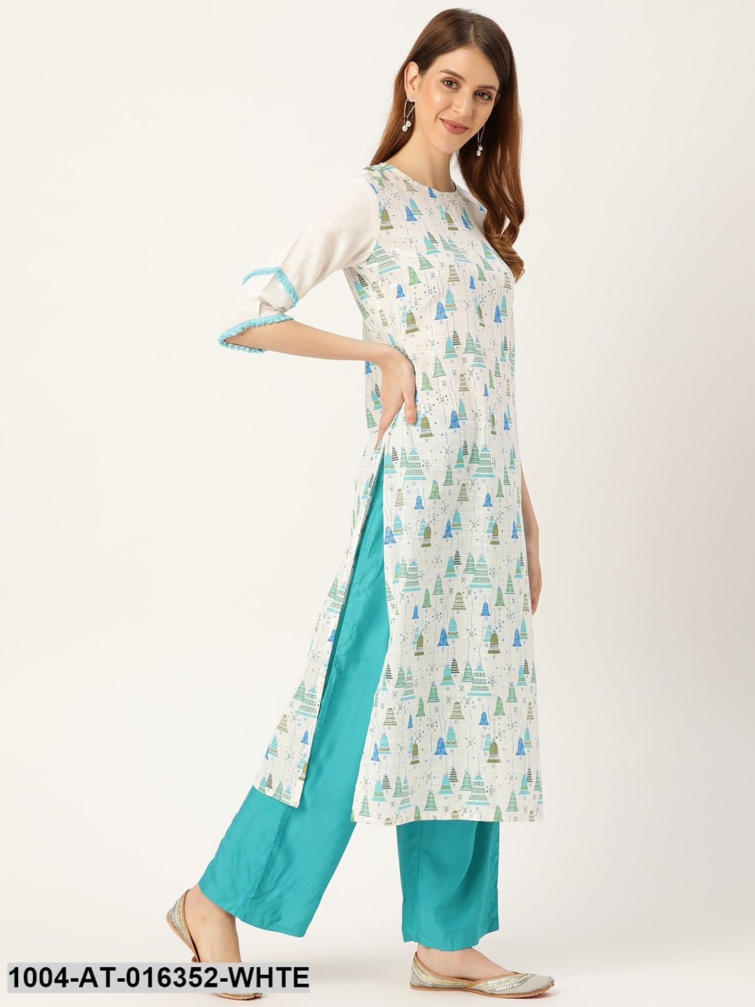 White Three-Quarter Sleeves Straight Quirky Printed Cotton Kurta
