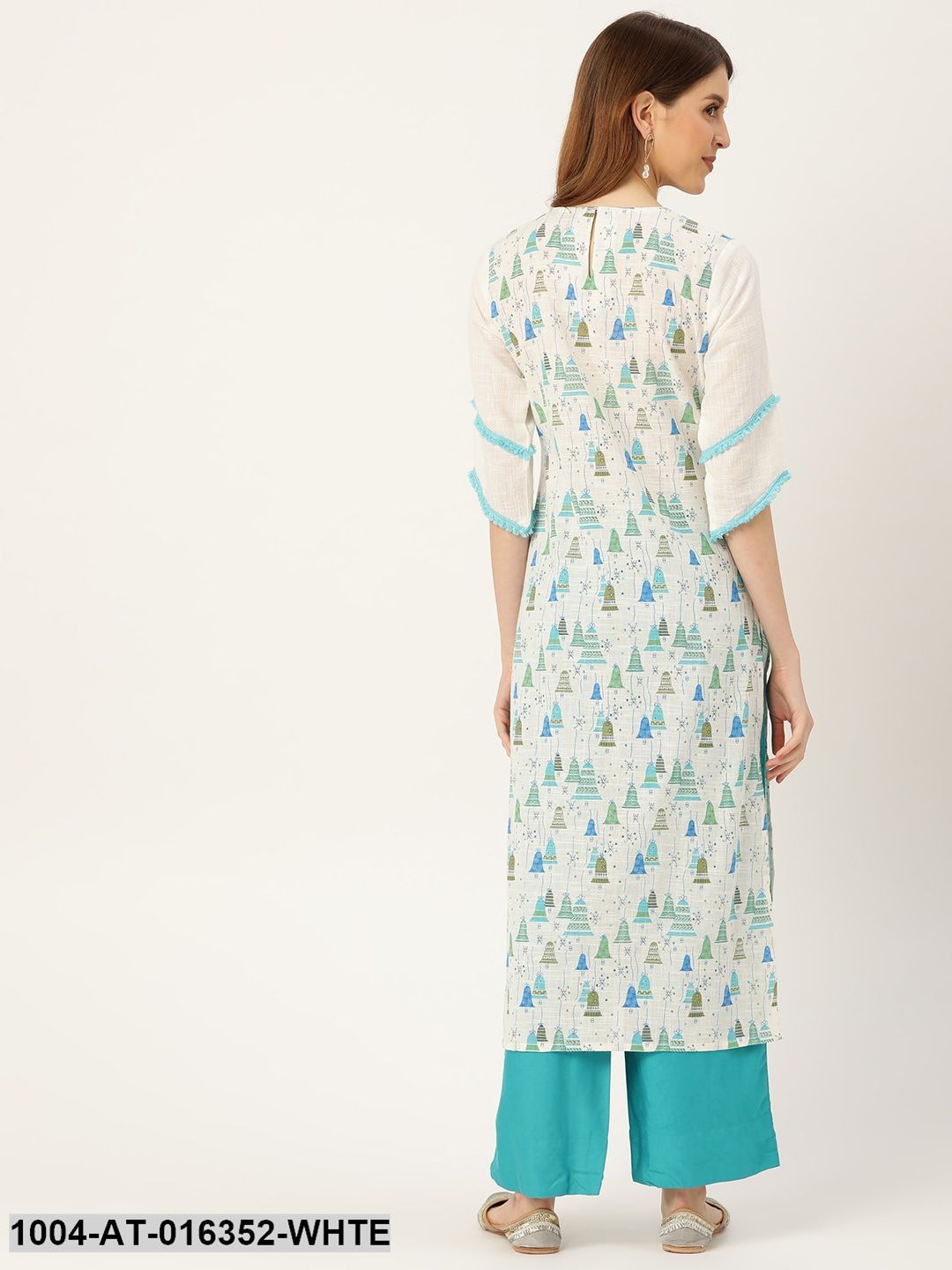 White Three-Quarter Sleeves Straight Quirky Printed Cotton Kurta
