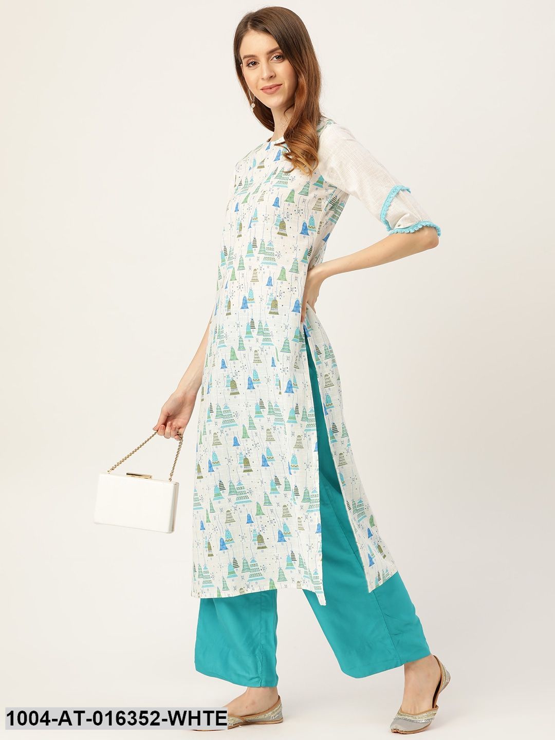 White Three-Quarter Sleeves Straight Quirky Printed Cotton Kurta