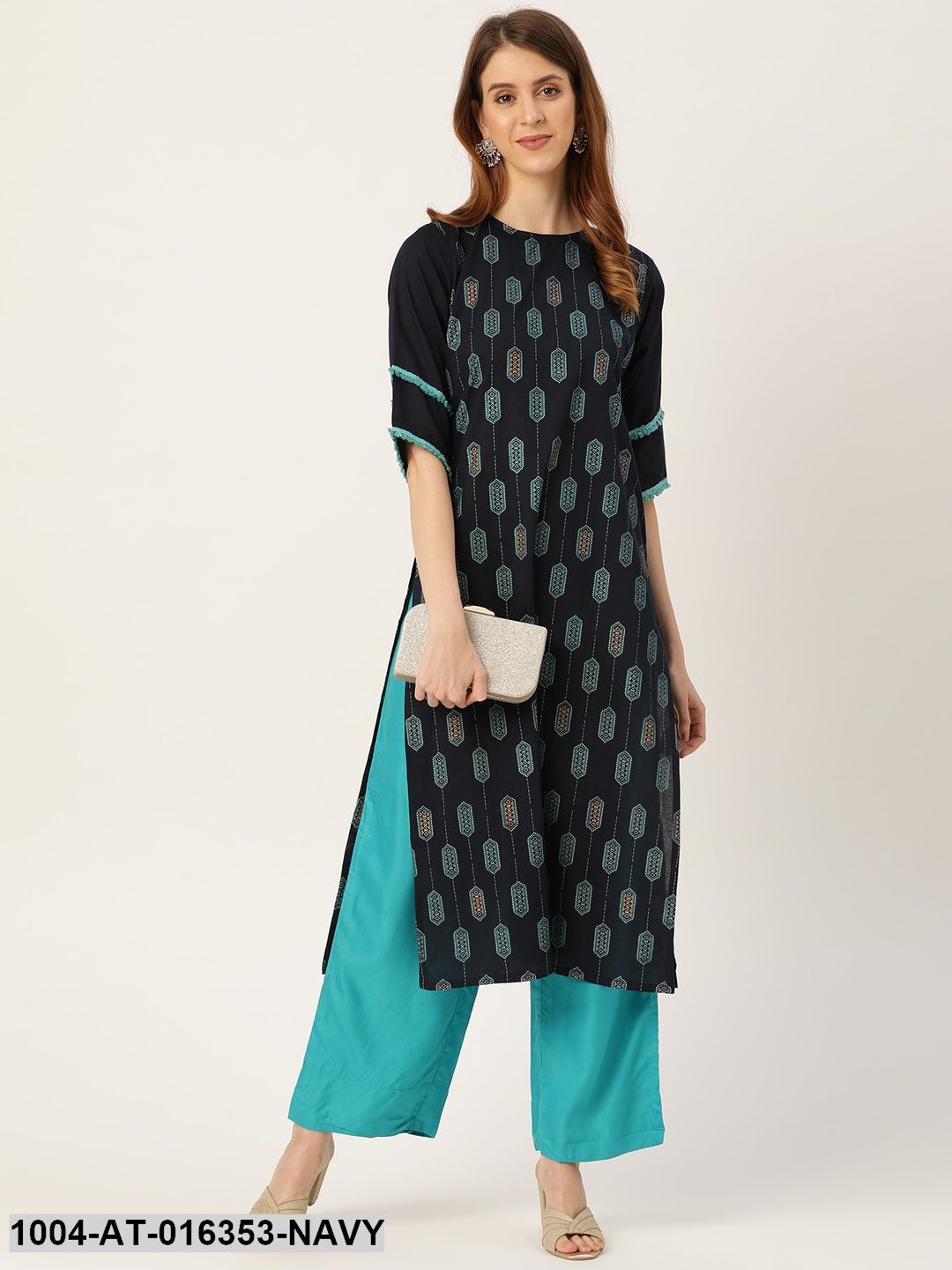 Navy Blue Three-Quarter Sleeves Straight Ethnic Motifs Printed Cotton Kurta