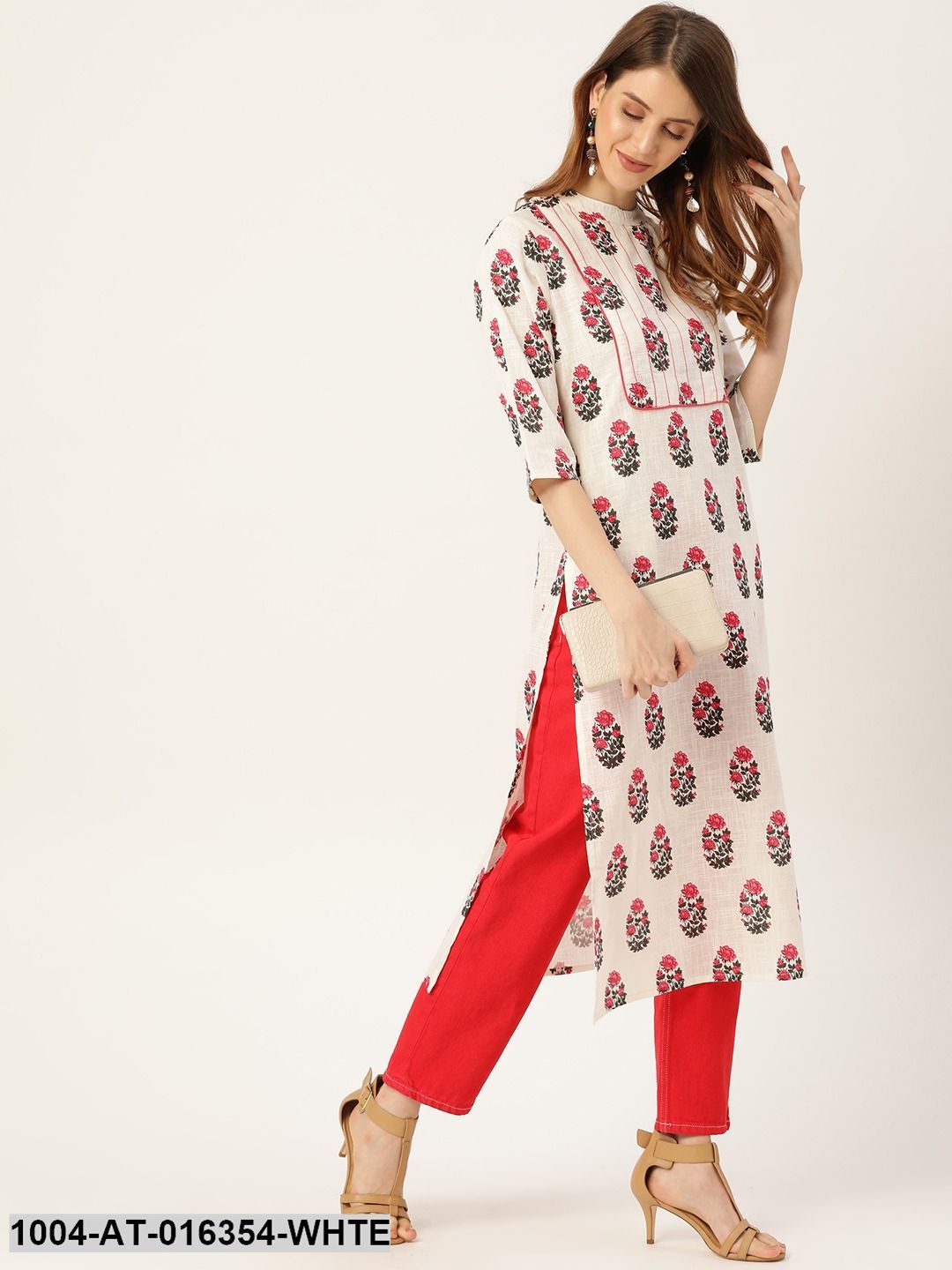 White Three-Quarter Sleeves Straight Floral Printed Cotton Kurta