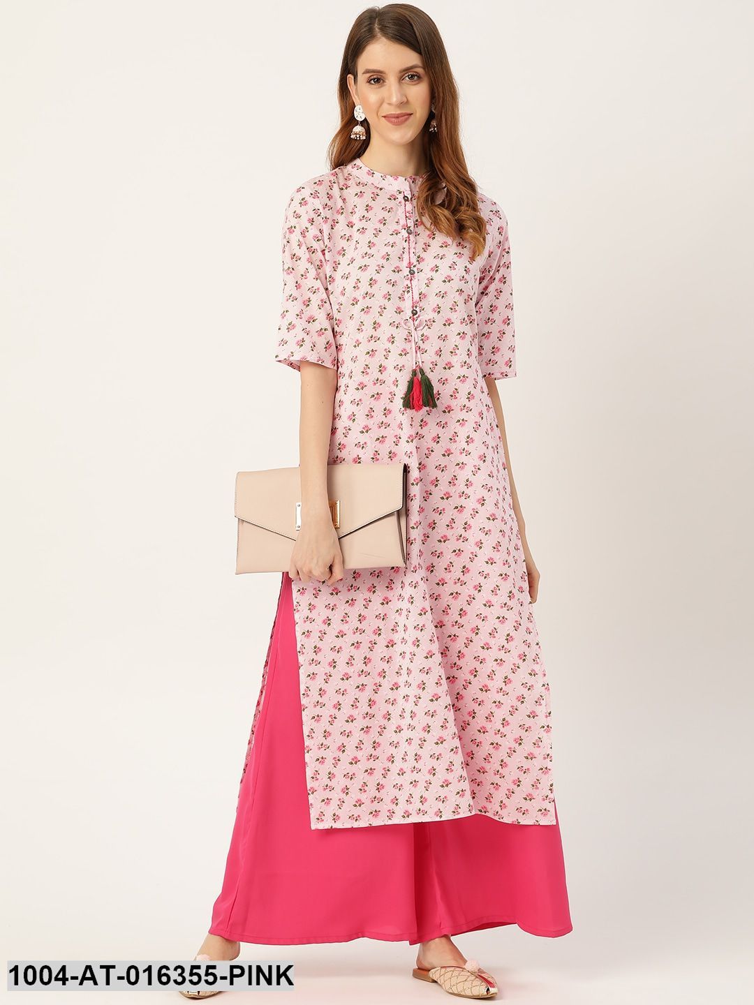 Pink Three-Quarter Sleeves Straight Floral Printed Cotton Kurta