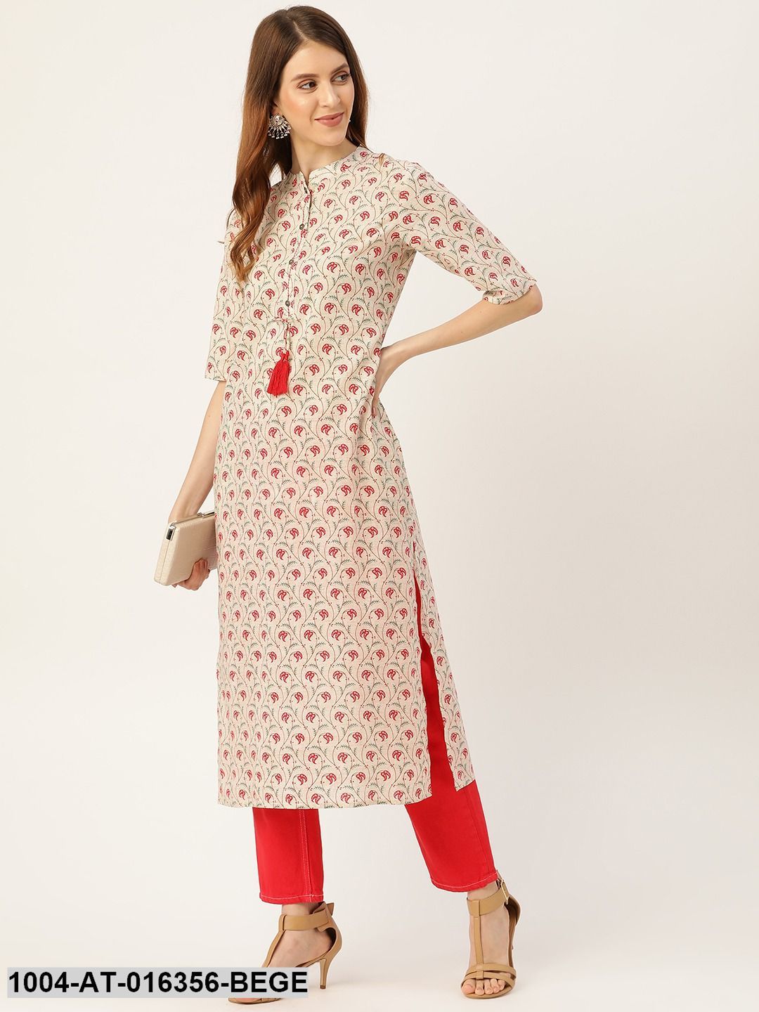 Beige Three-Quarter Sleeves Straight Floral Printed Cotton Kurta