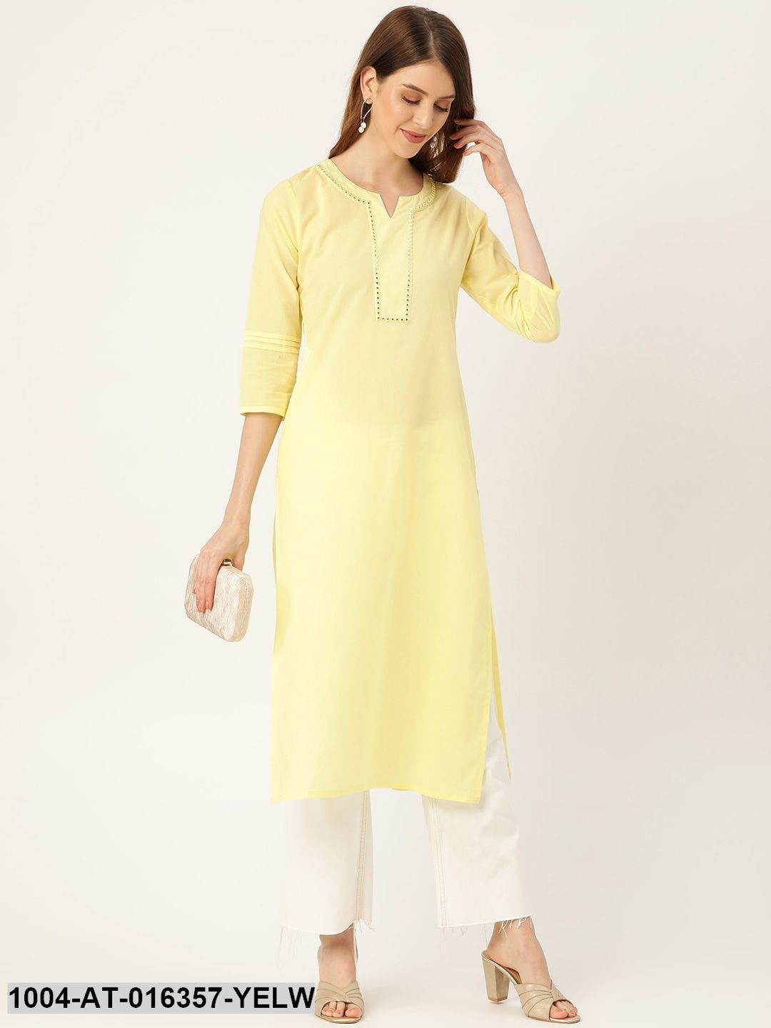 Limeyellow Three-Quarter Sleeves Straight Solid Solid Cotton Kurta