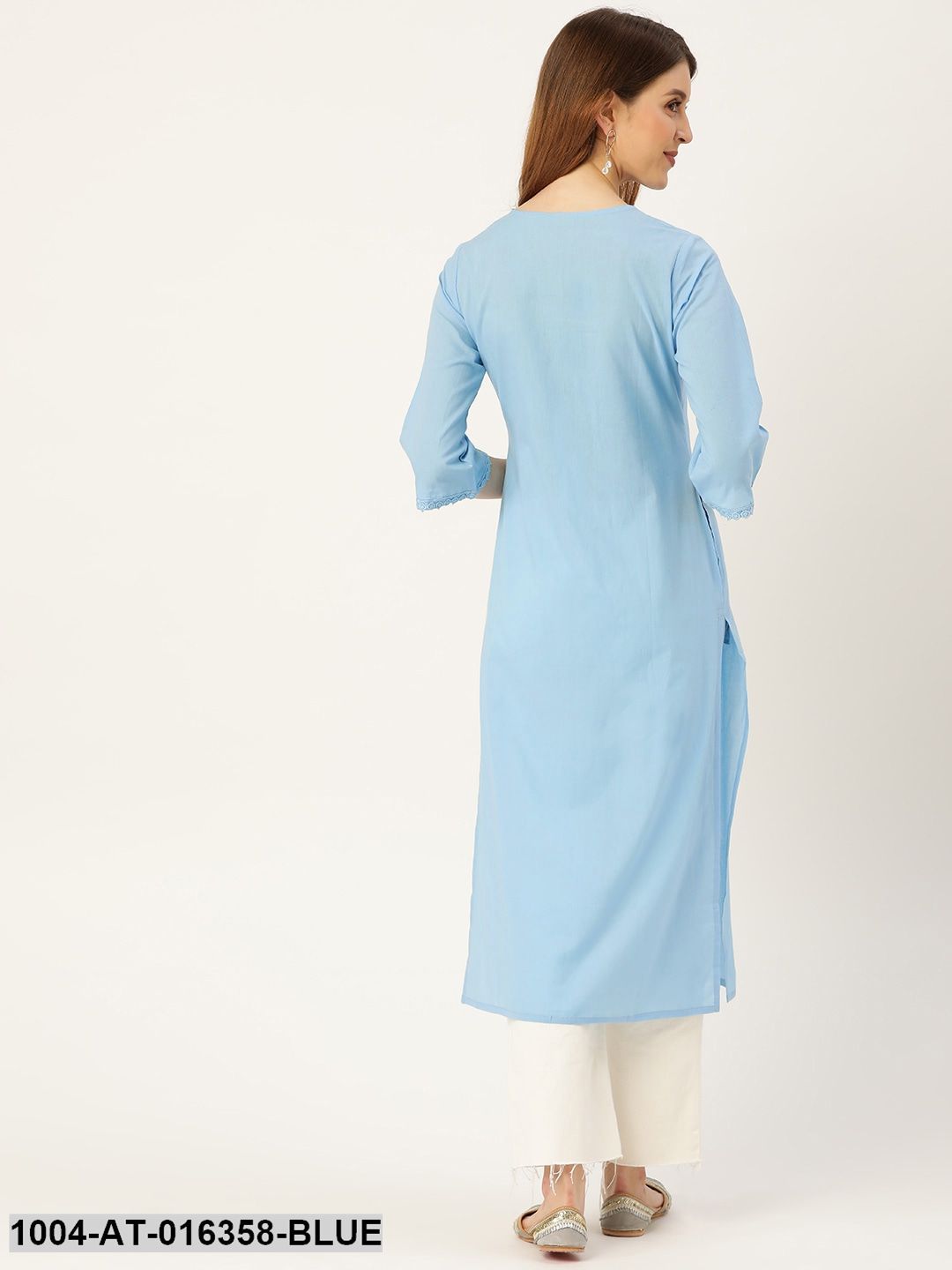 Blue Three-Quarter Sleeves Straight Solid Solid Cotton Kurta
