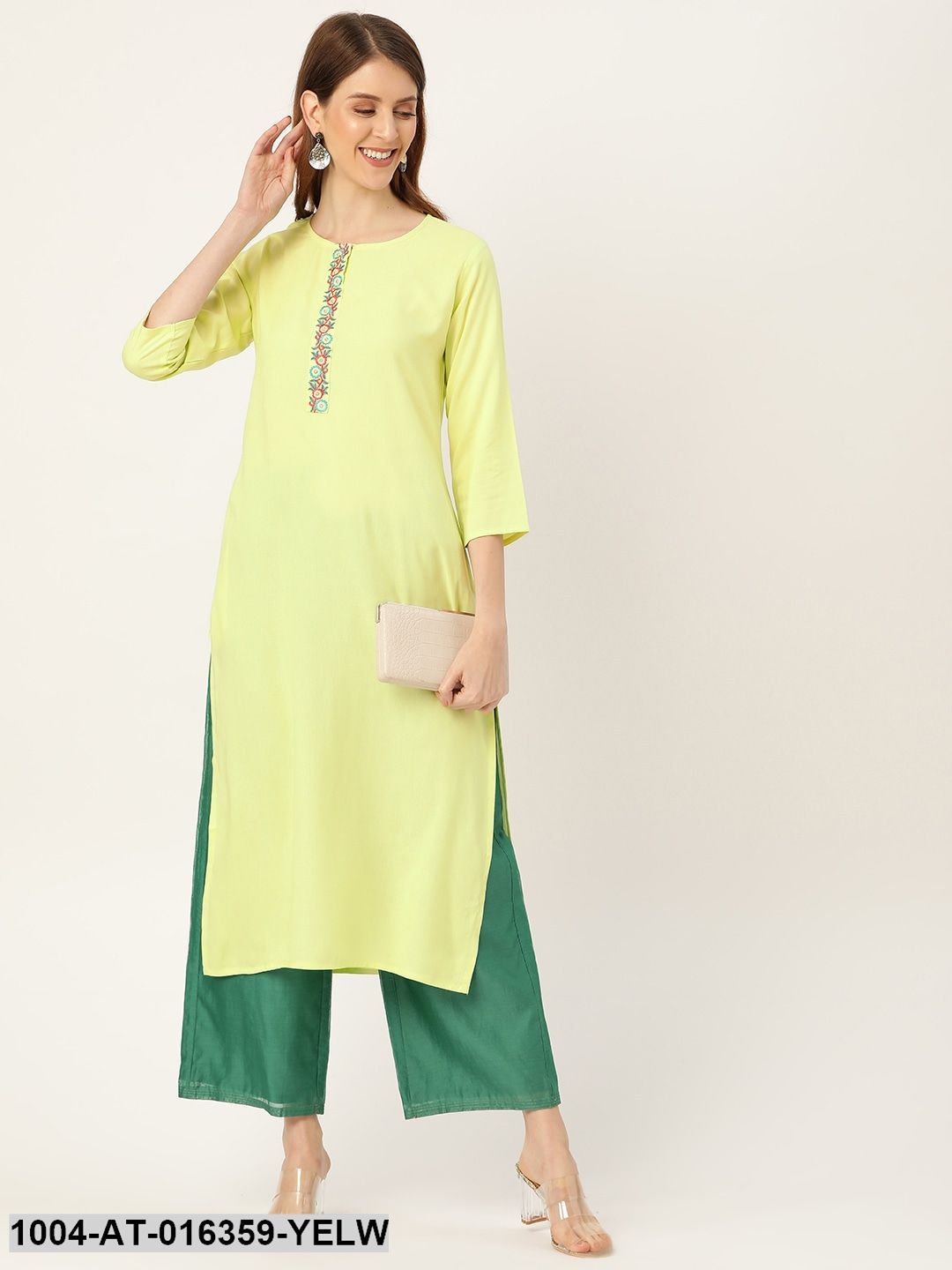 Limeyellow Three-Quarter Sleeves Straight Solid Yoke Design Viscose Rayon Kurta