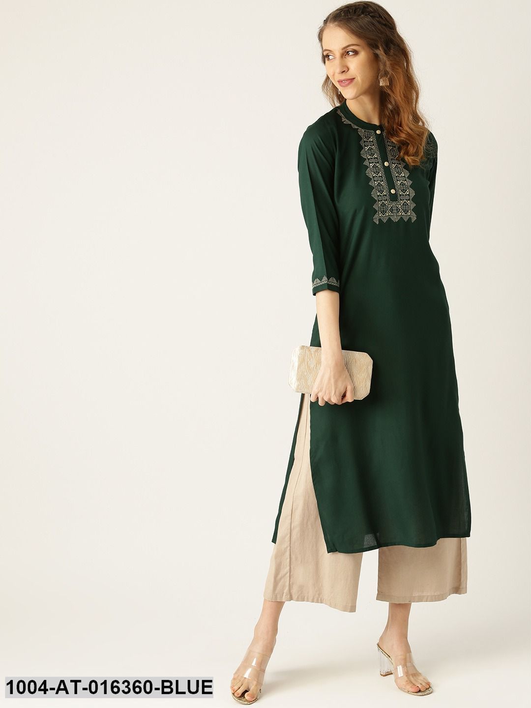 Blue Three-Quarter Sleeves Straight Solid Yoke Design Viscose Rayon Kurta