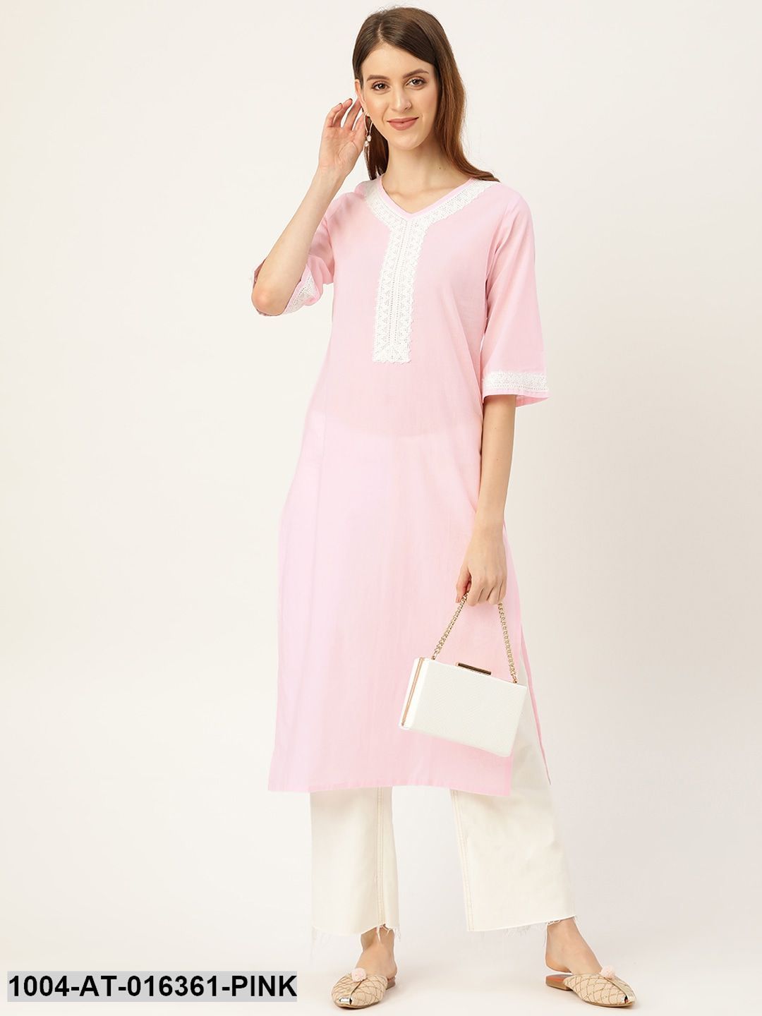 Pink Three-Quarter Sleeves Straight Solid Solid Cotton Kurta