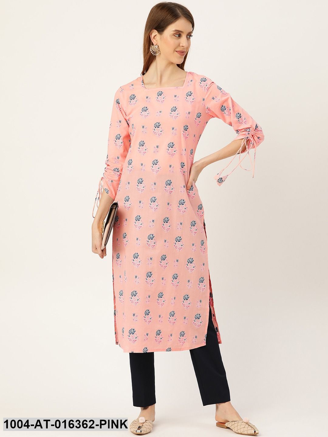 Pink Long Sleeves Straight Floral Printed Cotton Kurta