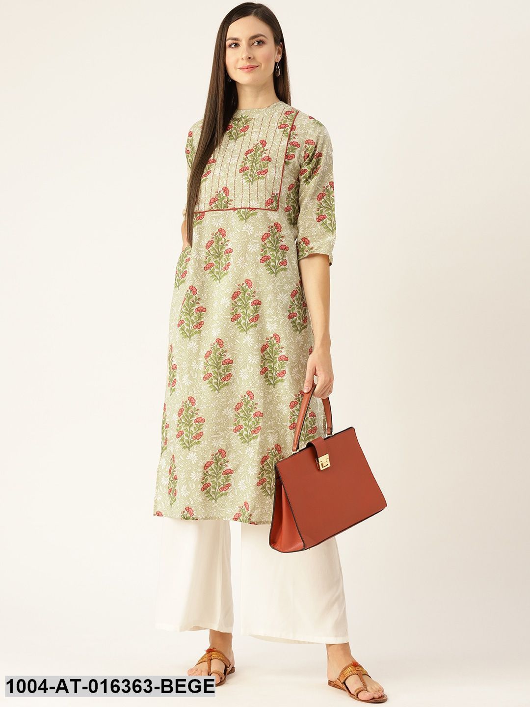Beige Three-Quarter Sleeves A-Line Floral Yoke Design Cotton Kurta