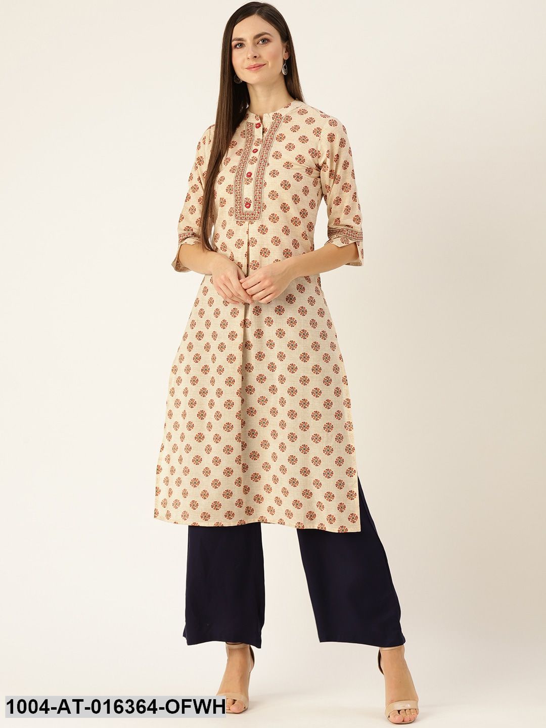 Offwhite Three-Quarter Sleeves A-Line Ethnic Motifs Yoke Design Cotton Trendphoria Offwhite Three-Quarter Sleeves A-Line Ethnic Motifs Yoke Design Cotton Trendphoria
